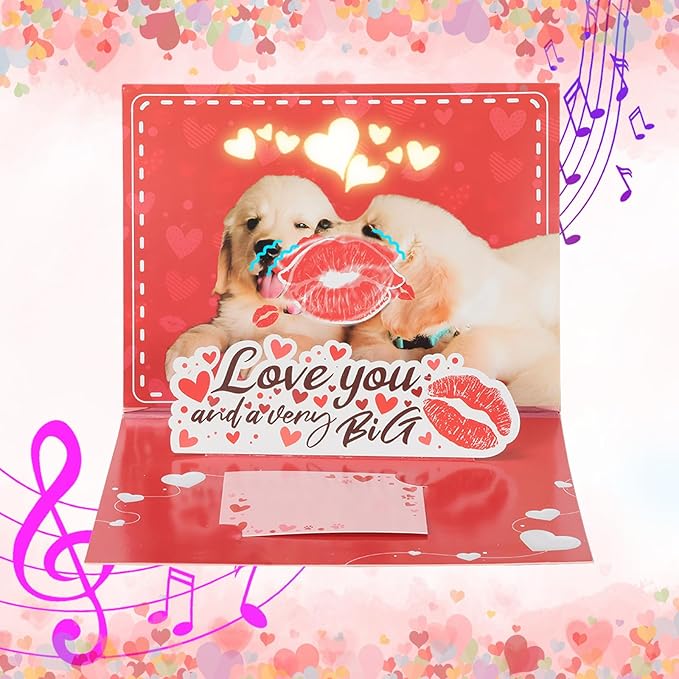3D Musical Pop Up Anniversary Card with Shake Kiss Puppies, Heart Shaped Flashing Light and Music. Romantic "I Love You" Card for Husband, Wife, Men, and Women. Perfect for Valentine's Day, Birthday.