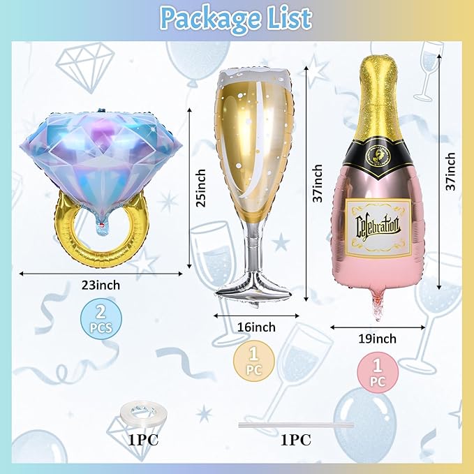 Diamond Ring Balloons Champagne Bottle Wine Glass Foil Balloons for Bachelorette Engagement Bridal Shower Wedding Proposal Marriage Anniversary Just Engaged Married Celebration Party Decorations