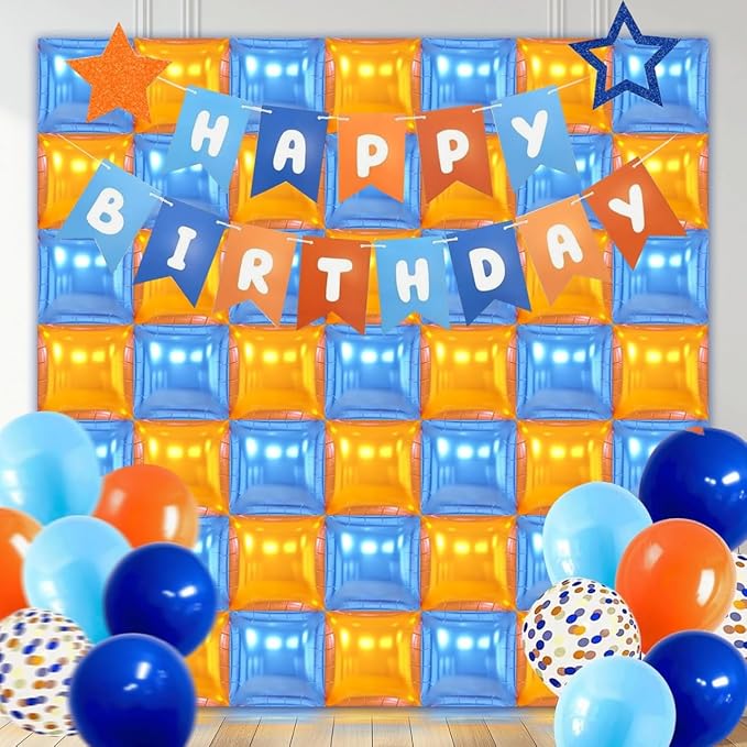 50PCS Blue and Orange Square Foil Balloons Wall, Double Sided Chrome Deep Blue and Orange Garland Kit, Reusable DIY Mylar Balloon Arch for Anniversary Birthday Engagement Party Background Decor
