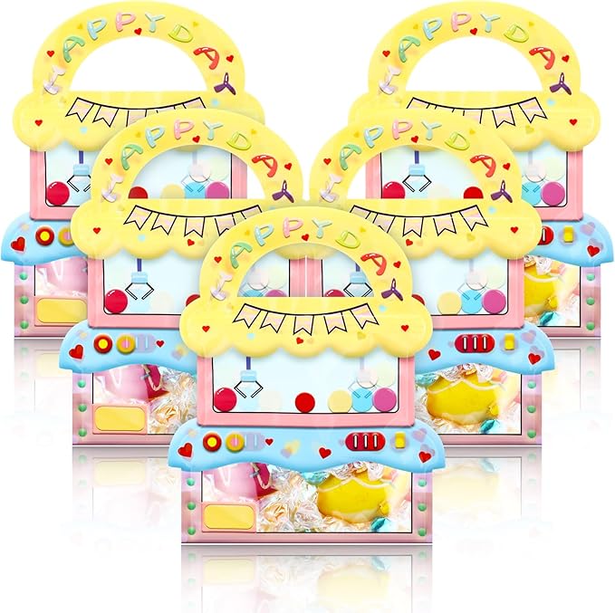 Fullhawl 24 Pcs Cute Claw Machine Goodie Bags for Kids Birthday Party Favor Cartoon Goodie Bags with Handle Plastic Reusable Resealable Candy Storage Packaging for Baby Shower Classroom Supplies