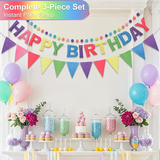 Pre-Strung Happy Birthday Banner & Felt Garland Set - Pastel Birthday Decorations for Women Girls | Reusable Party Supplies for Indoor & Outdoor