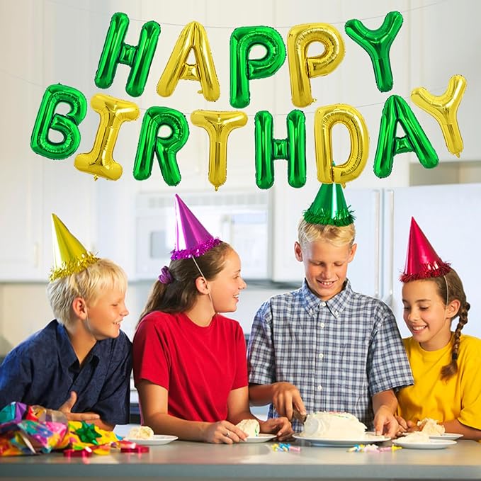 TONIFUL Happy Birthday Balloons Banner 16 Inch Mylar Foil Letters Birthday Sign Reusable for Girls Boys Kids & Adults Birthday Party Decorations Supplies（Green Gold）