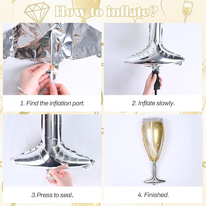 Champagne Bottle Glass Balloons 4pcs, Large Champagne Wine Foil Mylar Balloons for Women Girls Birthday Bachelorette Bridal Shower Wedding Anniversary Engagement Celebration Party Decorations Supplies