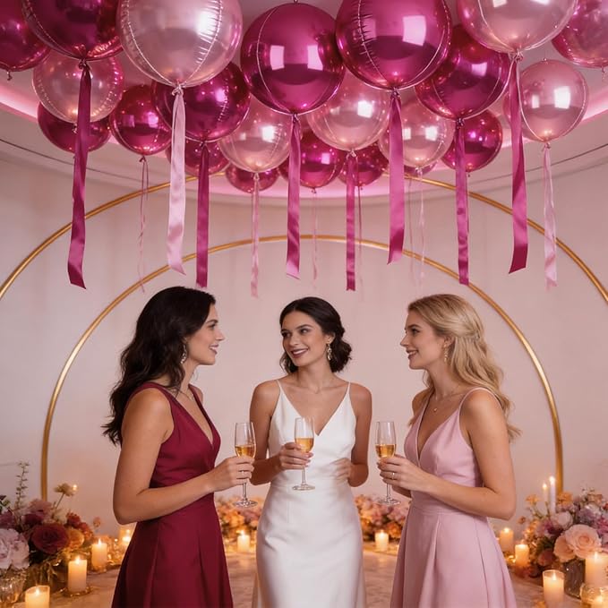 12Pcs Hot Pink and Pink Round Balloons Foil, 22" 18" 15" 10" 4D Round Ball Balloon, Big Hot Pink Metallic Balloons for Valentines Wedding Anniversary Bridal Shower Prom Birthday Decorations Supplies