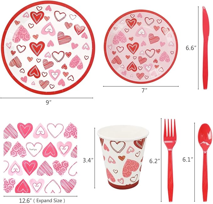 Valentine Party Supplies Pack Serving 24 Guests, Including Dinner Plates, Luncheon Napkins Knife Fork Spoon and Cups Tableware Set Kit for Valentines Day Wedding Anniversary Party Decorations Favors