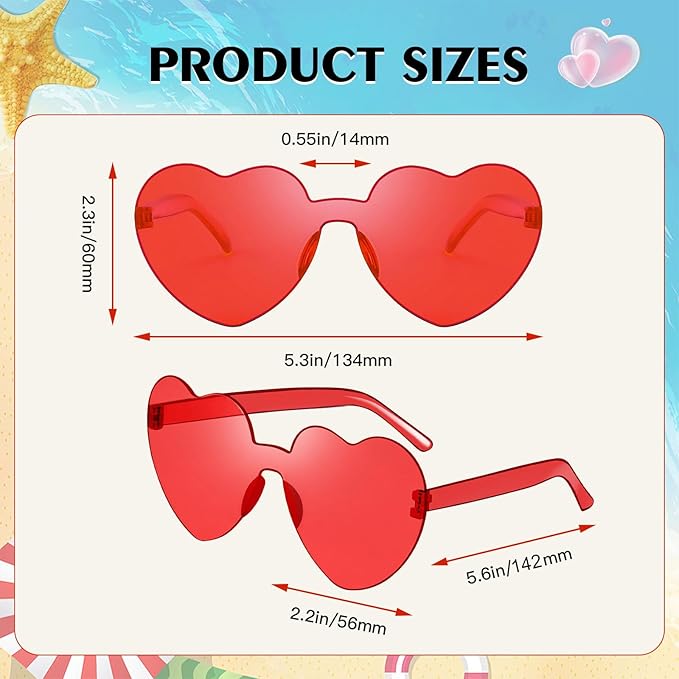 16 Heart Rimless Sunglasses Retro Colored Party Glasses Bulk Gradient Transparent Fun Eyeglasses for Unisex Adult