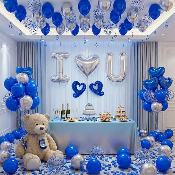 Bonropin I Love You for Him/Her Balloons Royal Blue and Sliver balloon kit with 24/18in Heart Shaped Foil Balloons and 400pcs Blue Artificial Rose Petals for Valentines Party Romantic Decoration