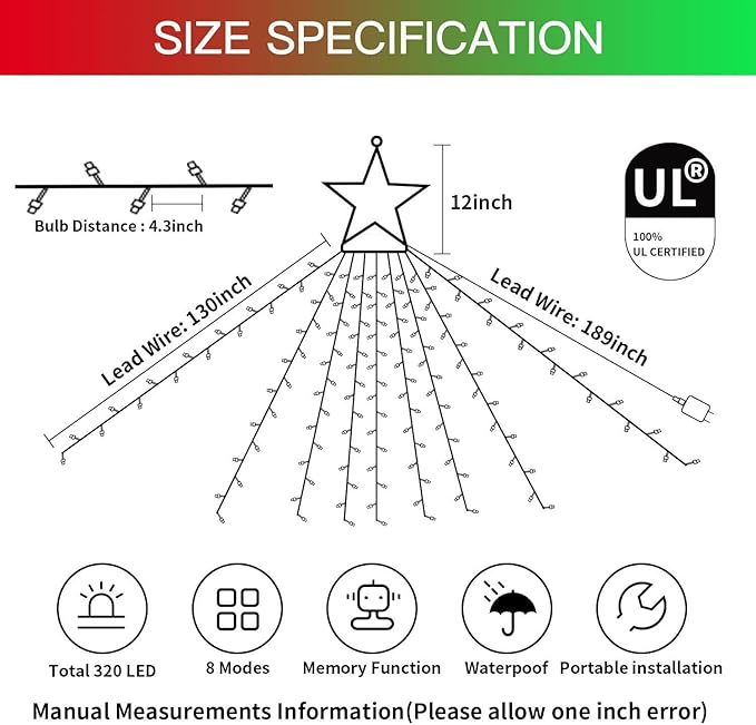 Christmas Decorations Star String Lights, 320 LEDs Outdoor Waterfall Tree Lights with 13" Topper Star, Plug in Waterproof Hanging Fairy Lights for Xmas New Year Holiday Party Yard Decor