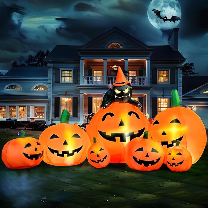 Joiedomi 7 FT Long Halloween Inflatables Pumpkin Outdoor Decorations, 7 Pumpkins Outside Decoration with Witch's Cat with Build-in LEDs Blow Up Inflatables for Party Yard Lawn Garden Decor