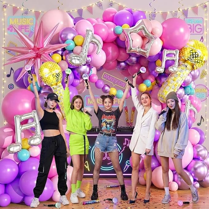 Music Hunter Balloon Arch Kit - 212Pcs Pink, Purple, Hollow Star, Microphone, Music Notes Balloon Garland Kit for Music Prom Fan Gatherings Girls Birthday Singer Kpop Theme Party Decorations