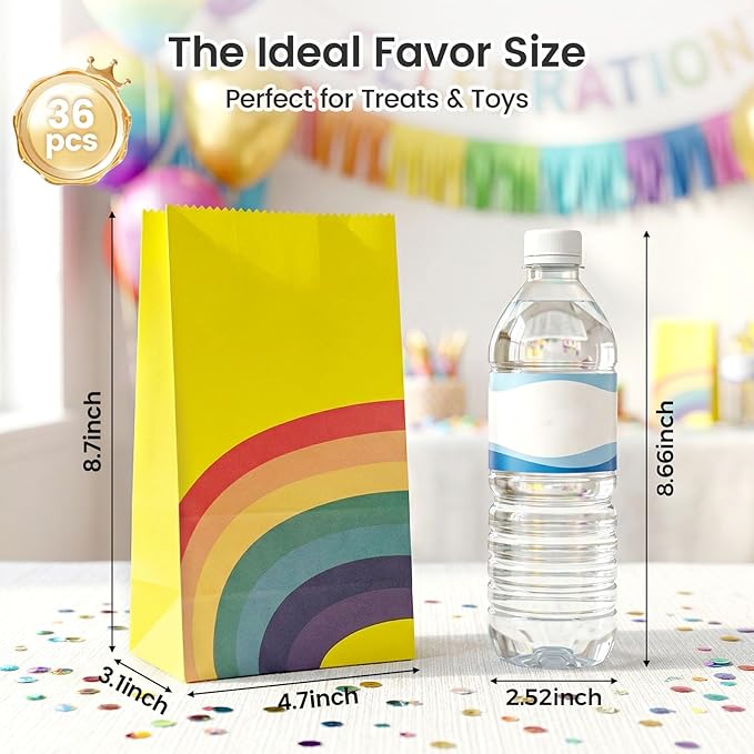 LovesTown 36 Pack Party Favor Bags, 4.8 x 3 x 8.7 Inch Rainbow Paper Bags 8 Colors, for Kids Christmas Birthdays Baby Showers Party Supplies