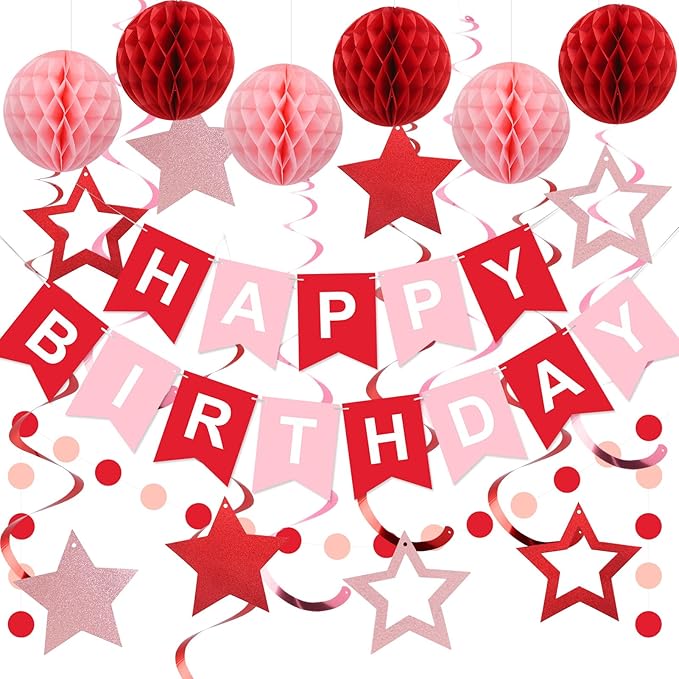 meowtastic Birthday Decorations, Happy Birthday Banner with Honeycomb Balls, Stars Hanging Swirl Streamers, Circle Dots Garland, Happy Birthday Party Decorations for Women Men Boys Girls (Red)