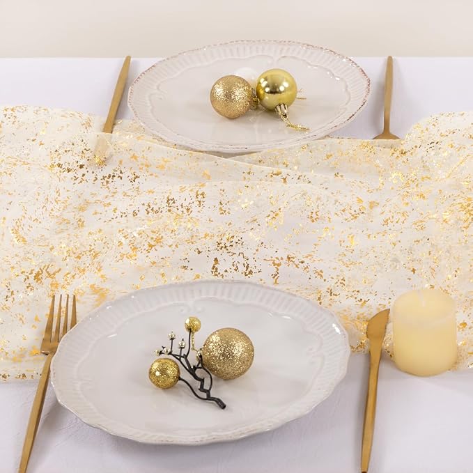 Socomi Gold Table Runner Gauze Tulle Sheer Glitter Metallic Foil Chiffon Cheesecloth Sequin 10FT Wedding Birthday Party Dining Anniversary Holiday Centerpiece Table Decor Beige 3pcs
