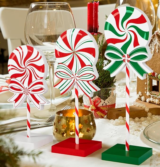 3 Pieces Christmas Table Decorations Wood Candy Set, Red Christmas Tiered Tray Decor,Rustic Candy Table Decorations for Home Tables(Classic)