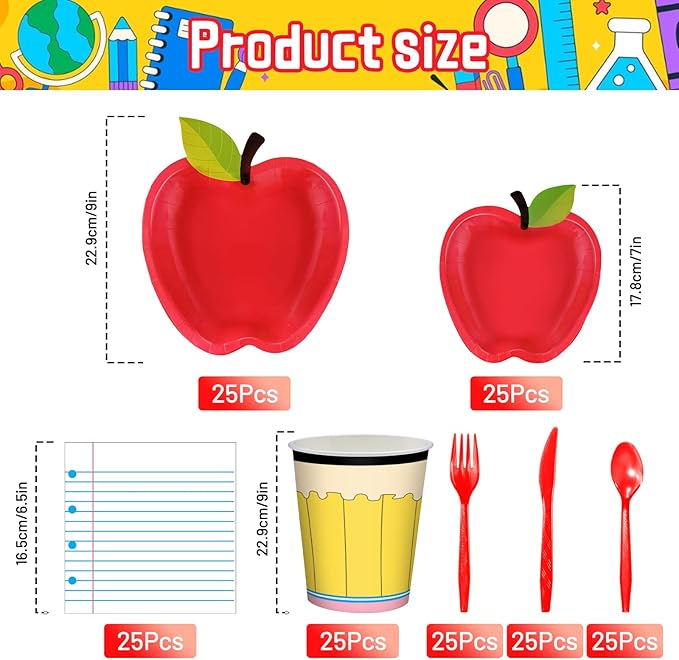 175 Pcs Back to School Party Supplies Tableware Set – Serves 25, Red Apple and Notebook Paper Theme Disposable Plates, Cups, Napkins, Forks, Spoons, Knives for Classroom, Teacher, School Decorations