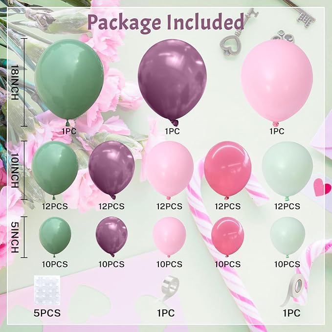 Fairy Balloon Arch Kit 120Pcs Sage Green Pink Purple Balloons Garland Dusty Green Lavender Lilac Birthday Party Balloons for Girls Butterfly Garden Wildflower Floral Bridal Baby Shower Decorations