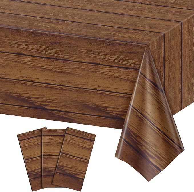 3 Pack Wood Grain Plastic Tablecloth, 54 X 108Inch Rustic Wood Table Covers for Rectangle Table Disposable Vintage Farmhouse Tablecloths for Cowboy Western Barn Birthday Baby Shower Party Supplies