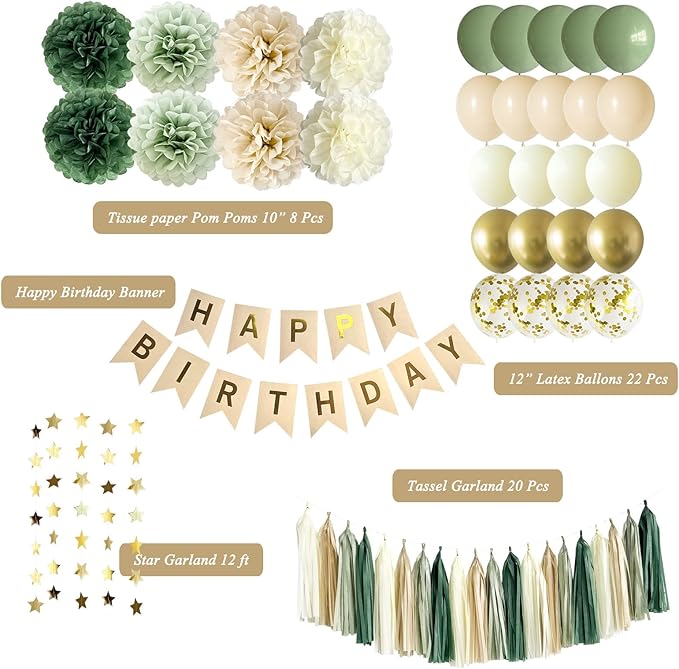 ANSOMO Sage Green Happy Birthday Party Decorations Retro Green Nude Ivory Dark Olive Kraft Paper Banner Balloons Neutral Rustic Boho Blush Safari Botanical Greenery Wild Décor Supplies Women Adults