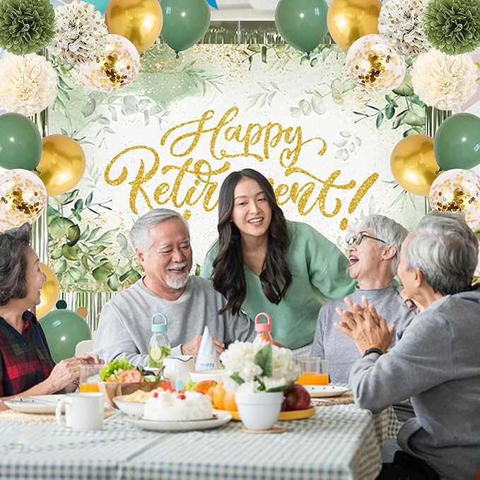Sage Green Retirement Party Decorations - Happy Retirement Banner, Foil Curtains, Backdrop, Tissue Paper Pom Poms, Latex and Confetti Balloons