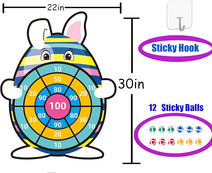Easter Basket Stuffers,30" Bunny Dart Board with 12 Sticky Balls,Easter Eggs Filled,Easter Theme Party Favor,Easter Gifts for Boys Girls - Outdoor Indoor Kids Toys-Easter Decor Decorations
