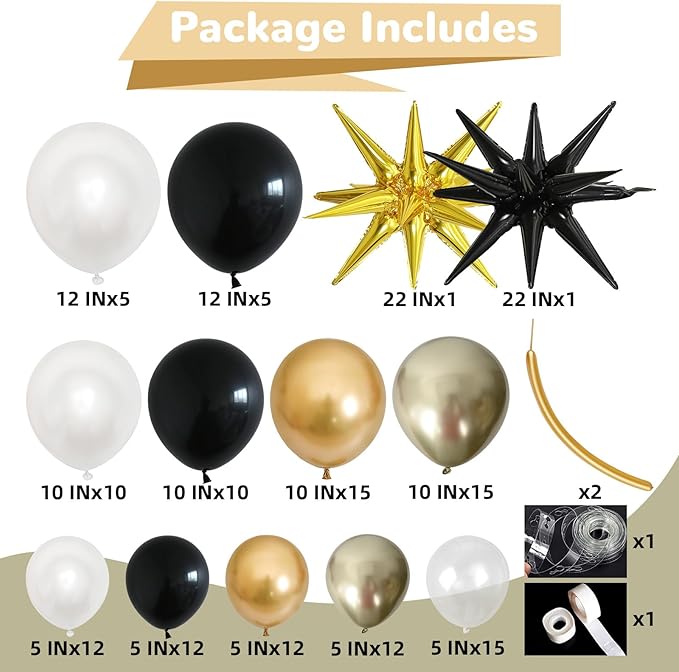 New Years Balloon Garland Arch Kit Black and Gold Explosion Star Balloons Black Pearl White Champagne Gold Balloon for Happy New Year Eve 2026 Grad Birthday Retirement Baby Shower Party Decor