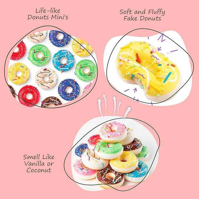 8pcs Donut Stress Ball, 2" Artificial Donut Stress Relief Exercise Balls, Small Fake Donuts for Birthday Party Favors, Shop Decoration, Shooting Props Display