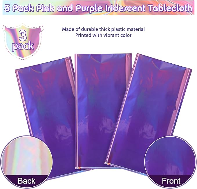 3 Pack Ombre Iridescent Pink and Purple Plastic Tablecloths, Shiny Disposable Laser Rectangle Table Covers Holographic Foil Tablecloth Iridescent Party Decoration Birthday Bridal Wedding, 54x108 Inch