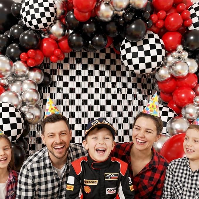 Race Car Balloon Arch Kit -Race Car Birthday Party Streamers Backdrops Decorations, Balloons and Black White Checkered Foil Fringe Curtains Backdrop for Racing Car Two Fast 2nd Theme Party Decorations