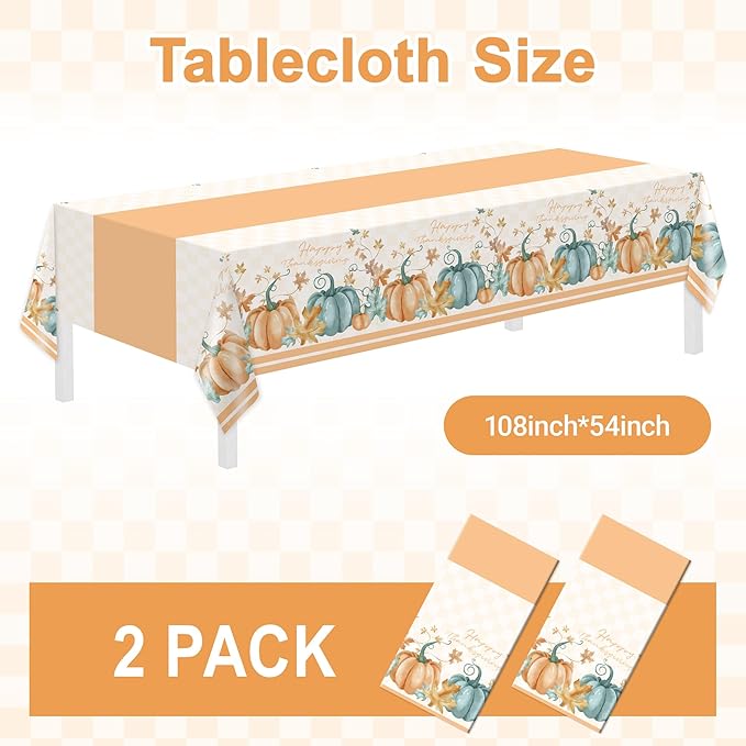 Childom 2 PCS Thanksgiving Disposable Tablecloths,Thanksgiving Decorations 54 x 108 Inch Orange Pumpkin Maple Table Cloths Plastic Table Cover for Rectangle,Home,Parties,Outdoor Picnic,Baby Showering