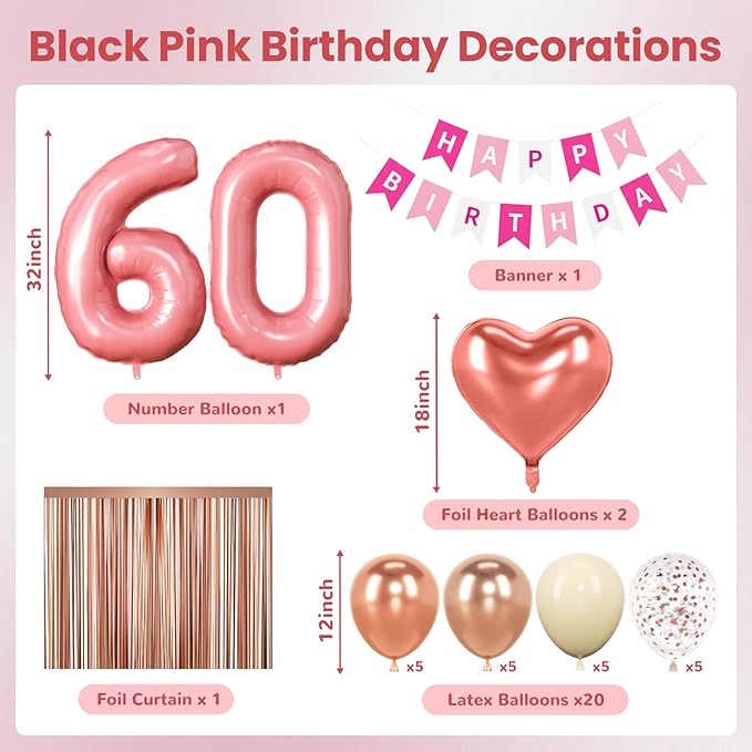 60th Birthday Decorations for Women, Rose Gold and Pink Party Supplies Set with Happy 60th Banner, Number 60 Balloon and Foil Fringe Curtains, 60 Year Old Kit