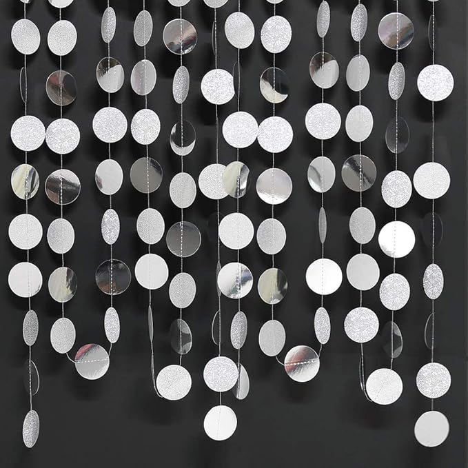 Shining Silver Circle Dots Hanging Garland Sparkling Silver Circle Dots Hanging Streamer Glitter Bunting Banner Backdrop for Wedding Baby Shower Birthday Xmas Decor 40 Feet