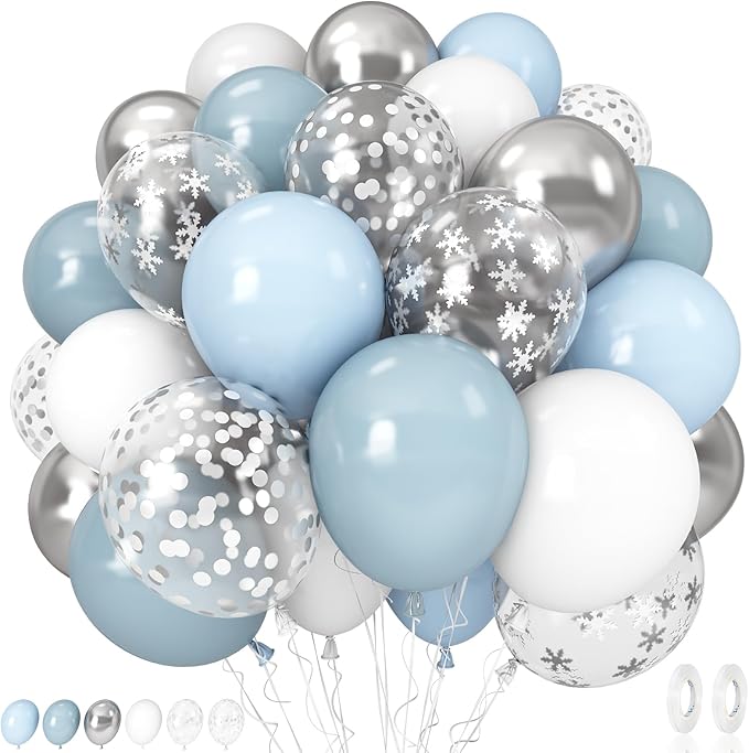 Baby Blue White Winter Wonderland Balloons, 60PCS Dusty Blue and White Metallic Silver Snowflakes Balloons for Ice Snow Wonderland Wedding Birthday Baby Shower Christmas New Year’s Party Decorations