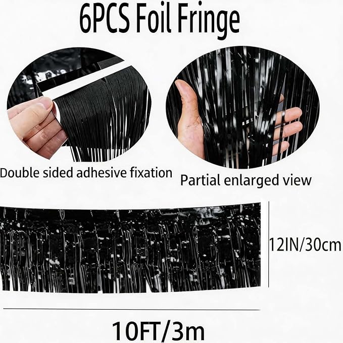 Black Foil Fringe Garland 6Pcs 10 Feet Metallic Tinsel Hanging Curtain Glitter Backdrop Banner for Parade Floats Christmas Wedding Party Decorations
