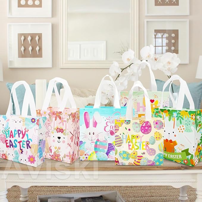 Aviski 6PCS Happy Easter Egg Hunt Bags, Assorted Sizes, Easter Bunny Carrot Chick Egg Treat Bag with Handles, Non-Woven Gifts Wrapping, Egg Hunt, Spring Party Supplies