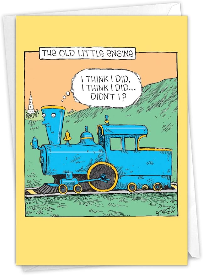 NobleWorks - 1 Humor Birthday Card with Envelope - Funny Cartoons for Birthday Greetings, Celebration Notecard - Old Little Engine C6955BDG