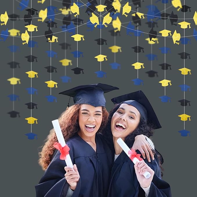Blue and Gold Graduation Garland Graduation Party Decorations Class of 2026 Grad Cap Garland Banner Streamers for Grad Party Hanging Decorations 39Feet