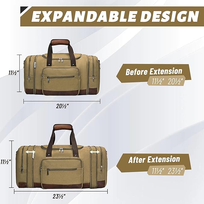 Wolhbege Duffle Bag for Travel,Mens Travel Bag & Carry On Bag for Men with Expandable Design and Luggage Sleeve –Duffel Bag for Gym, Weekender,Canvas,Overnight Trips Khaki