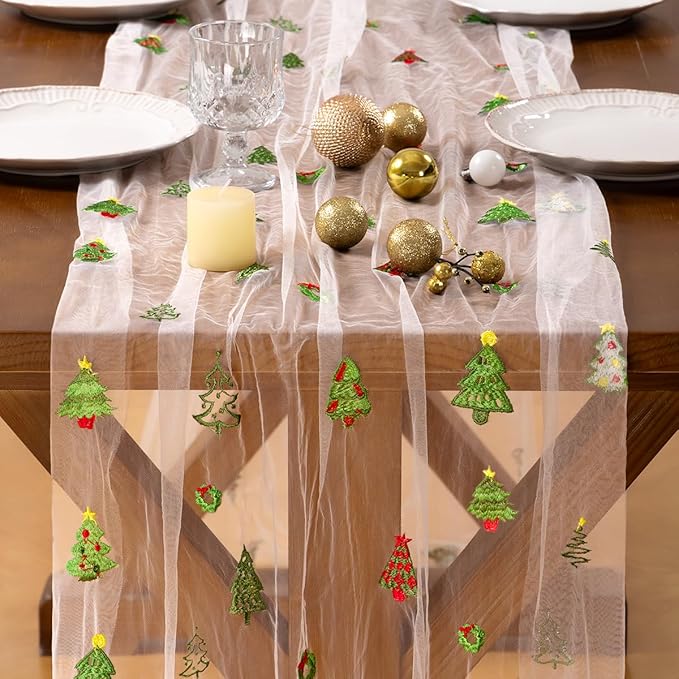 Socomi 3pcs Christmas Table Runner Tulle Gauze Cheesecloth Embroidery Sheer Table Runners for Winter Wedding Party Baby Shower Birthday Holiday Picnic Home Decor