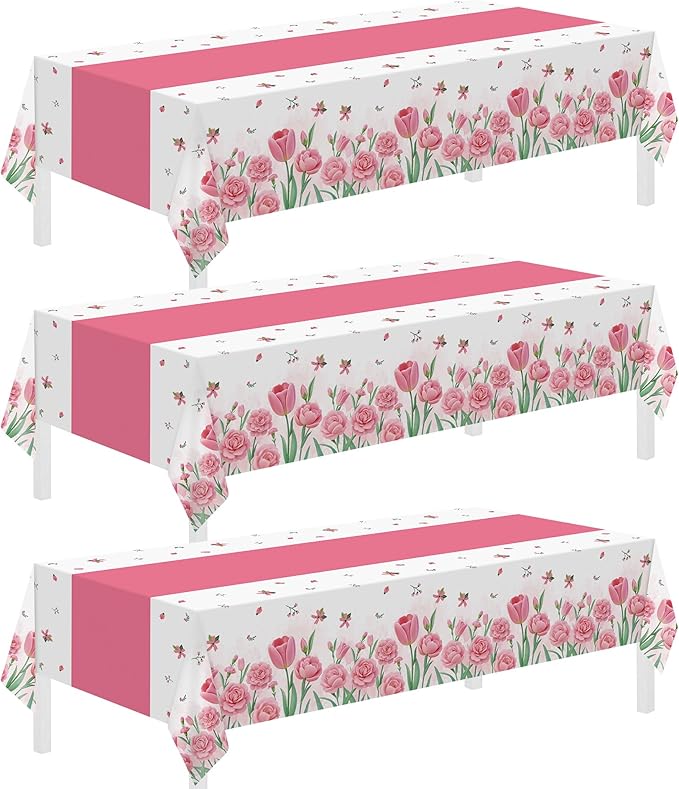 Childom 3 Pack Mothers Day Decorations,Mothers Day Tablecloth,54" x 108" Disposable Plastic Table Cloth for Rectangle,Party Table Cover for Birthday Party Supplies,Home,Dinner,Indoor,Outside