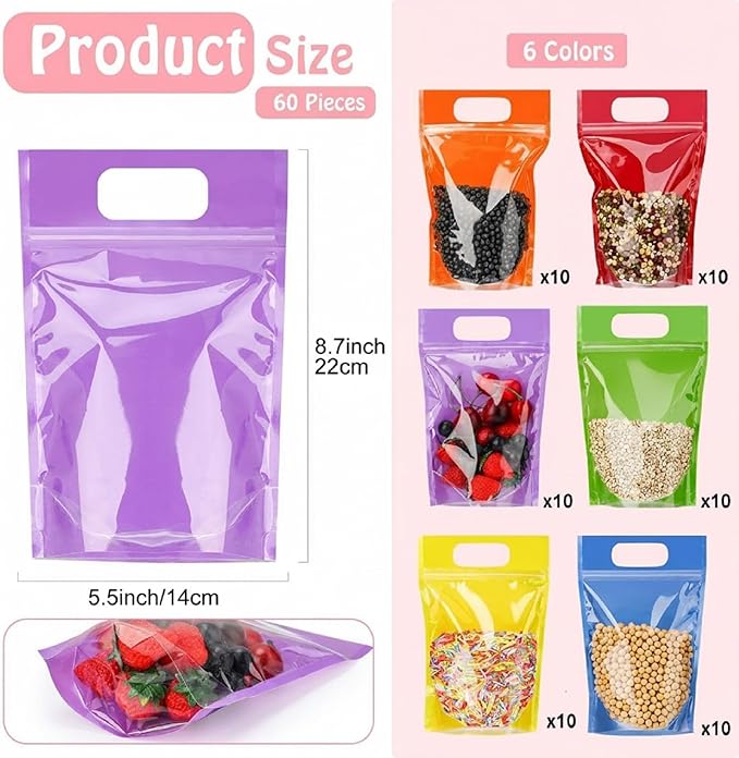 Sinload 60 Pcs Plastic Gift Bag Bulk 5.5 x 8.7 Inch Resealable Party Goodie Bag with Clear Window Color Favor Pouch with Handle for Home Birthday Wedding Party Candy Gift Wrap Supply(Clear)