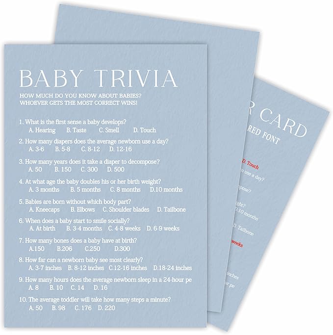 Minimalism Baby Shower Game Kits - Trivia Game - Mist Blue - 30 Fill In Cards & 1 Answer Card, Gender Reveal, Announcement, Party Favor & Decor - B06