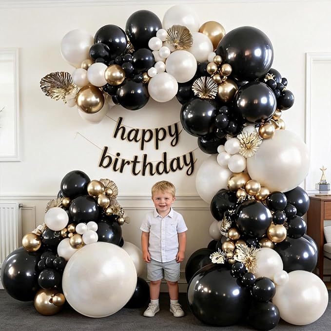 Black and Gold Balloon Arch Kit, Double Stuffed 129 Pcs Gold and Black Balloons Garland with Black Pearl White Sand Ivory Chrome Gold Balloons for Wedding Birthday Event New Year's Party Decoration
