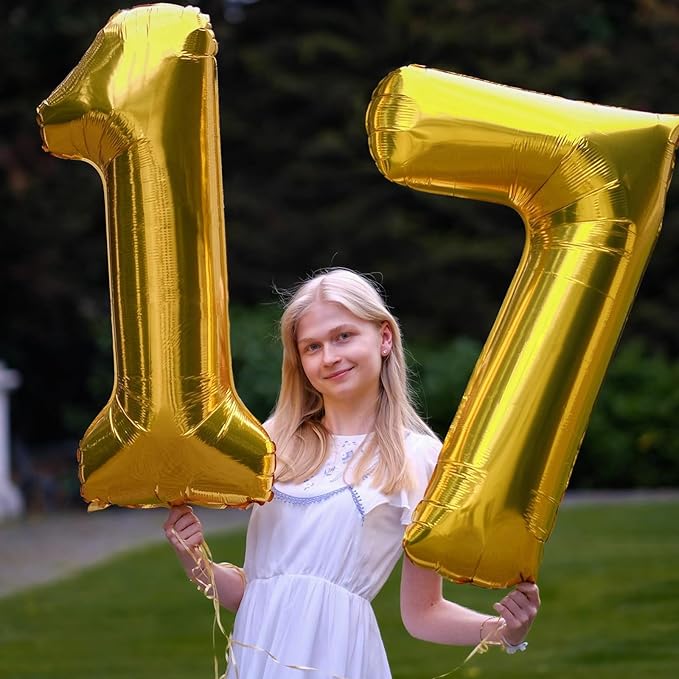 40 Inch Gold Balloon Number 17 Balloon,Jumbo Mylar Foil Helium Balloon for 17 Birthday Digital Balloons for Birthday Party,Wedding Anniversary Party Decorations
