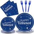 96Pcs Blue Retirement Plates and Napkins Blue Silver Retirement Party Decorations Blue Happy Retirement Party Supplies Disposable Party Paper Cake Dessert Plates for Men Woman Serves 24 Guests