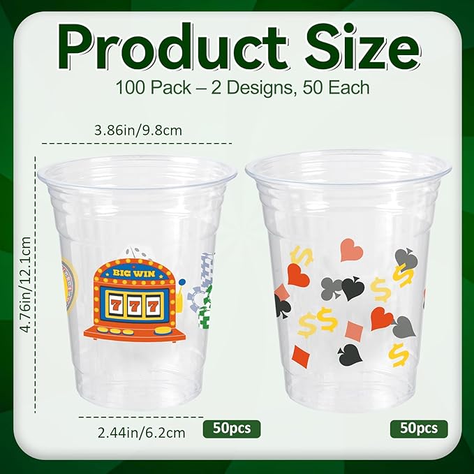 100 Pcs Casino Party Cups, 16 Oz Casino Plastic Cup Poker Clear Disposable Drinking Cups for Poker Game Night Themed Party Decoration Birthday Wedding Party Supplies
