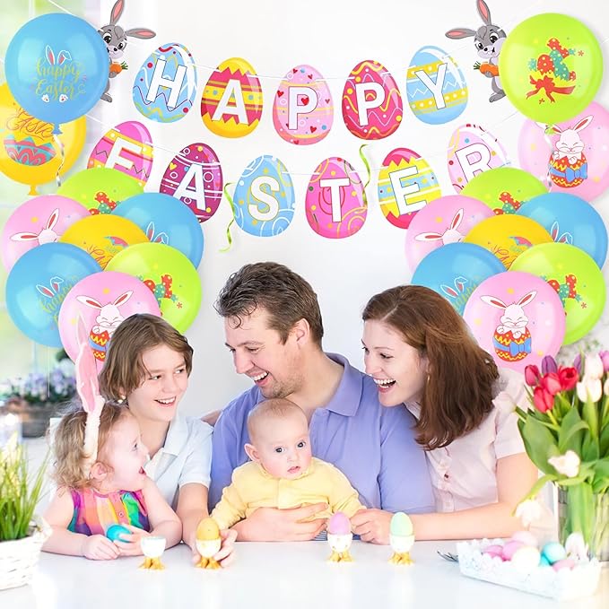 AhfuLife Happy Easter Banner Decorations, 8 Pcs Bunny Egg Chick Hanging Swirl with 12 Pcs Balloons, Larger Easter Banner Sign for Home Office School Decor, Egg Hunt Party Supplies