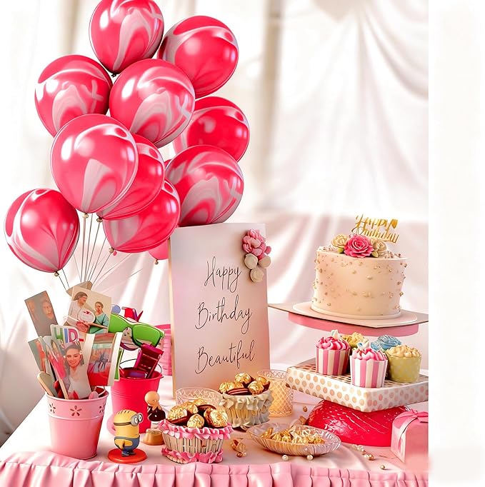 Pink Marble Balloons Red Hot Pink Balloons Marble Agate Latex 12 Inch 50PCS Pink Tie Dye Balloons Swirl for Birthday Party Christmas Decorations Valentine Day Wedding Festival