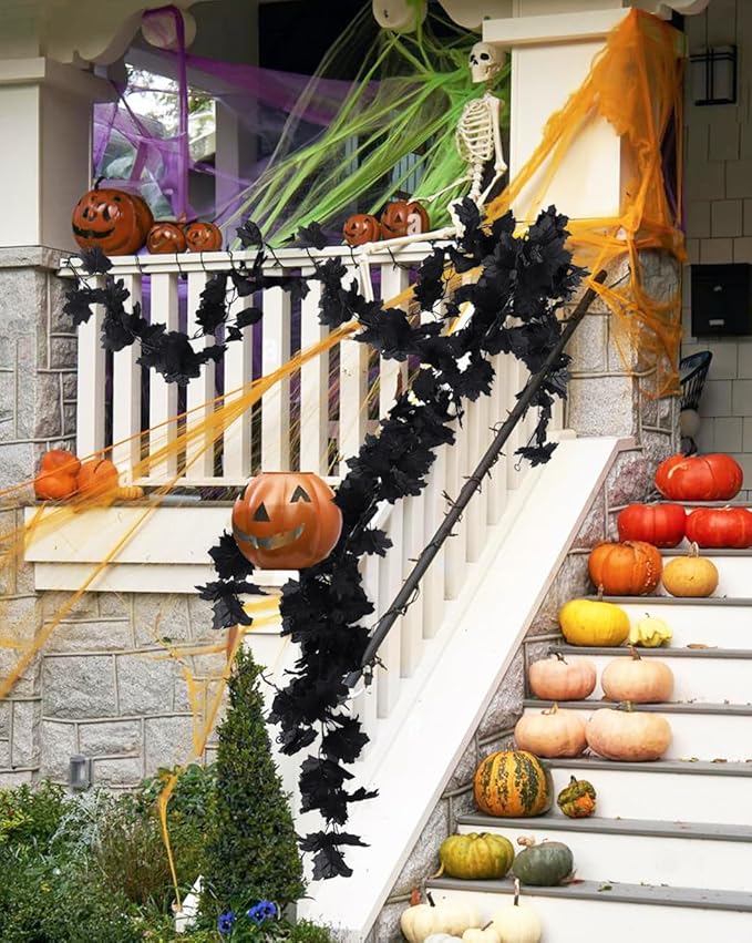 Halloween Garland Decor Indoor Table Decorations Fall Wall Hanging Artificial Black Maple Leaf Vine Decorations for Home (4 Pcs Black Maple Leaf, Set)