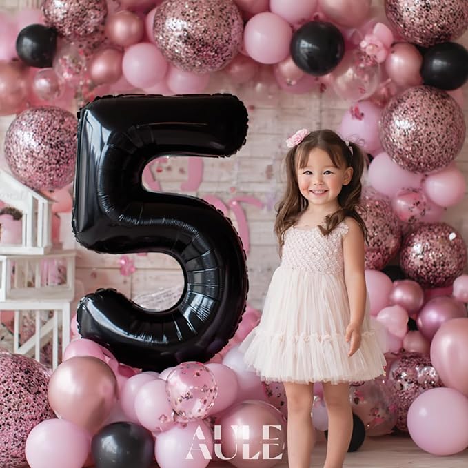 AULE 40 Inch Big Black 5 Balloon Number Large Foil Helium Number Balloons 0-9 Jumbo Giant Happy 5th Birthday Party Decorations for Boy or Girl Huge Mylar Anniversary Party Supplies