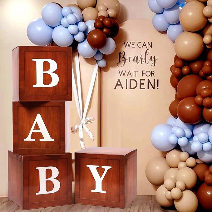 Baby Boxes with Letters for Baby Shower, 4pcs Grain Wood Balloon Boxes for Gender Reveal Birthday Wedding Teddy Bear Baby Shower Decorations (Wood)